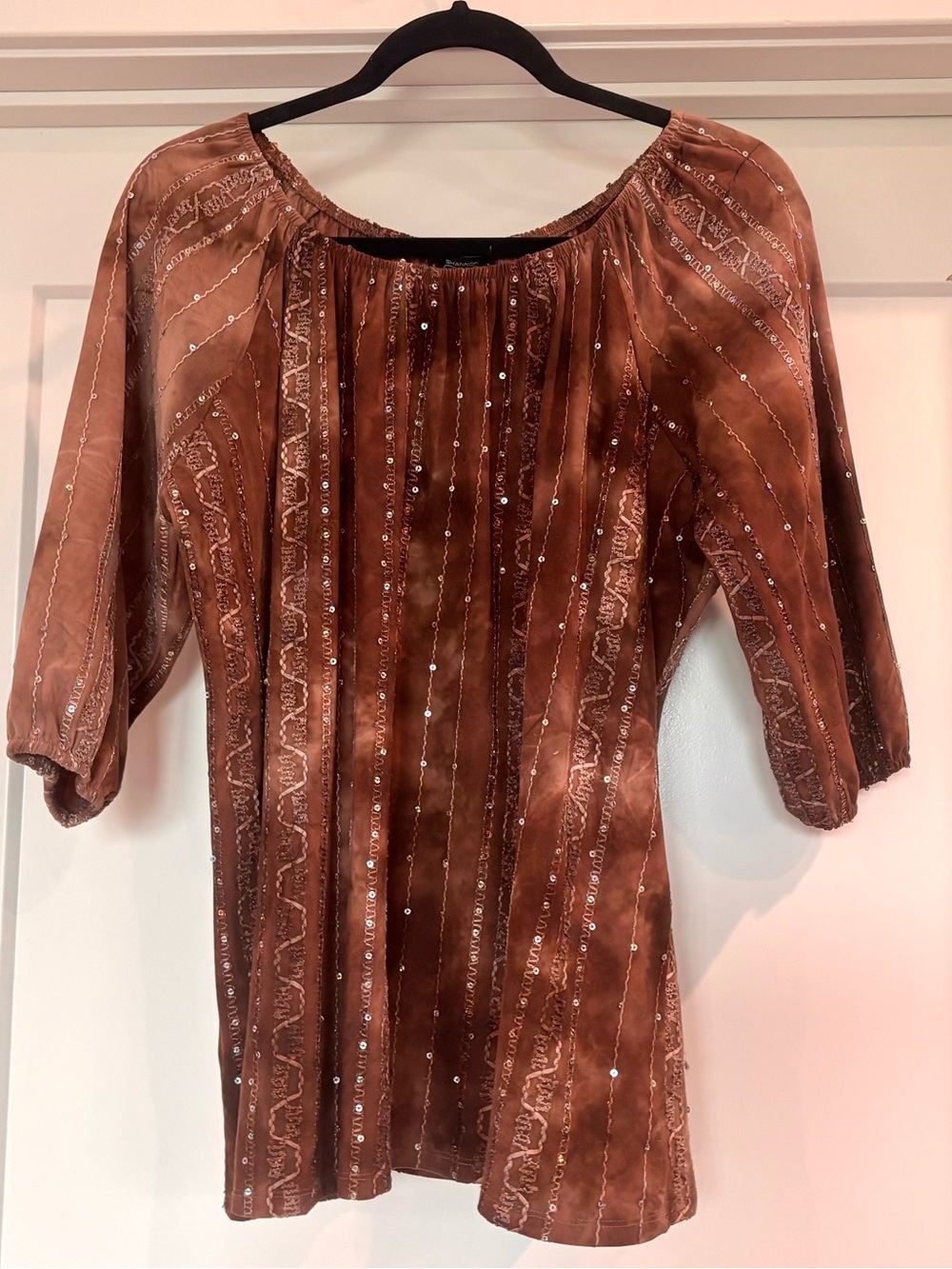 Shannon Ford New York Brown Tie Dye Sequin Embroidered 3/4 Sleeve Peasant Top 1X